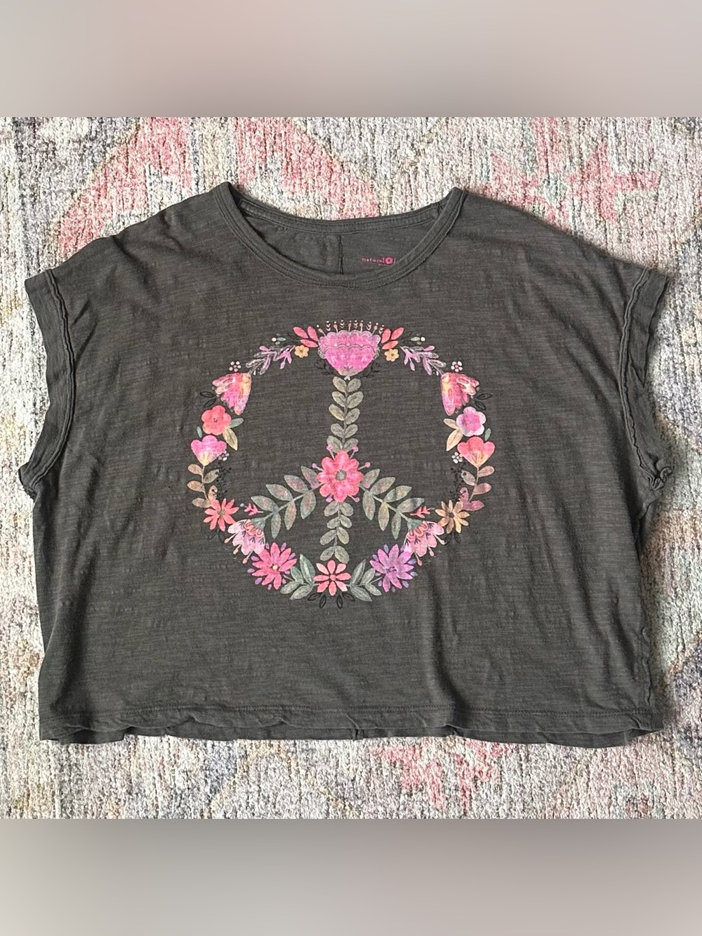 NATURAL LIFE Charcoal Tee with Pink Floral Peace Graphic